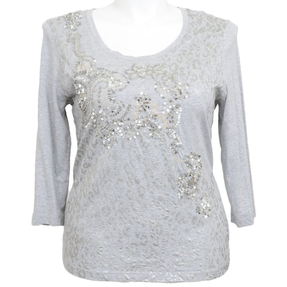 Chico's Zenergy Cotton Blend Sequin 3/4 Sleeve T-Shirt Size 2 Large Party Formal